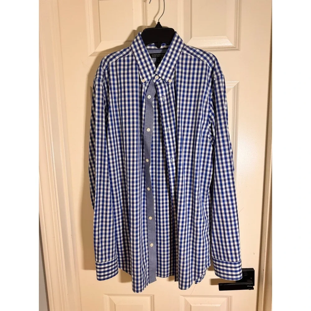 Banana Republic Non-Iron Slim Fit Dress Shirts Large Blue & Black Gingham Bundle